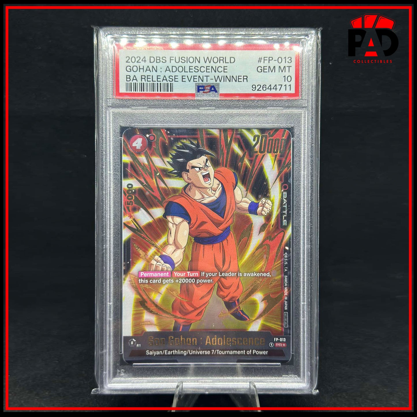 Dragonball Fusion World Blazing Aura Son Gohan Adolescence Pre-Release Tournament Winner PSA 10